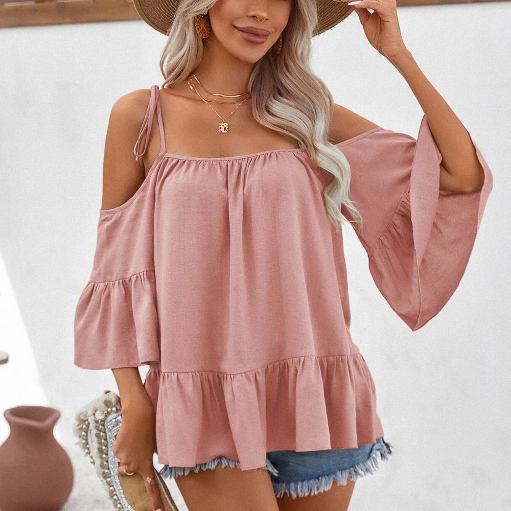 Dusty Pink Boho Womens Cold Shoulder Ruffle Hem Solid Blouse - Picture 4 of 5